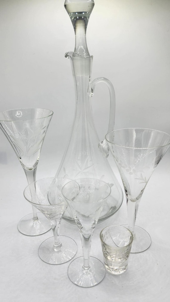 ヴィンテージ 29ピース デキャンタ/グラスセット | エッチング花柄