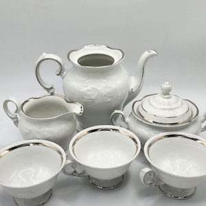 Beautiful Vintage 6-Piece Walbrzych White & Silver Trim Porcelain Partial Tea Set | Made in Poland
