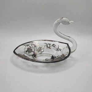 Vintage Silver City Glass* Swan Trinket Dish with Silver Etched Floral Design