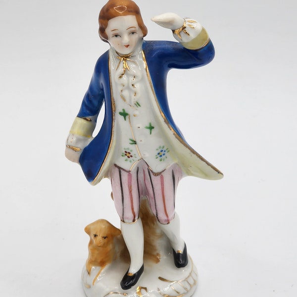 Small Victorian Male Figurine with Small Dog- Blue Coat/ Raised Hand- Made in Occupied Japan