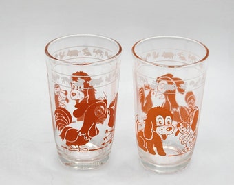 2x Vintage Kiddie Juice Glasses / Animal Cartoon Print- Naranja