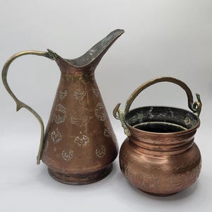Pair of Vintage Ornate Arabic* Copper Accent Pieces- 1x Pitcher and 1x Jar with Brass Handles
