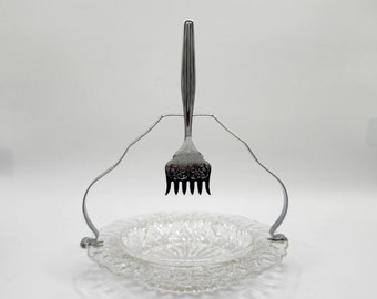 Vintage Sheffield Glass Seafood Serving Dish Dish with Fork- with Silver Handle