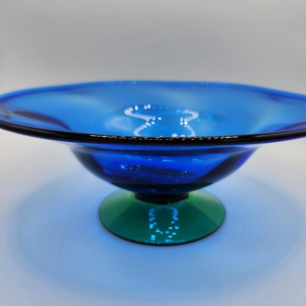 Swedish Orrefors Footed Large Blue Glass Bowl with Green Stem
