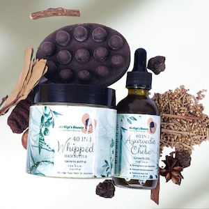 May include: A set of hair care products featuring a brown, textured hair growth butter jar with the text "40 IN 1 Whipped Hair Butter Growth Butter for Hair" and a brown glass bottle of Ayurvedic Chebe Growth Oil with the text "40 IN 1 Ayurvedic Chebe with Growth Oil for Hair".