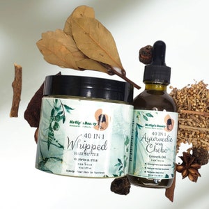 May include: Two hair care products, a jar of whipped hair butter and a bottle of Ayurvedic Chebe Growth Oil. Both products feature a green and white label with the text "40 in 1" and "Ms Gigi's Beauty".