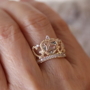 14k Gold 15 Años Quinceañera Crown Heart Ring / Birthday Gift / 14K real gold Ring / 15th Birthday Ring / Heavue