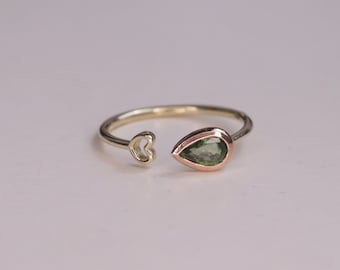 14k Gold Real Green Sapphire Ring / 14K Real Little Heart Gold Ring / Gift / Gift For Her / Wedding Ring / Heavue / Real Green Sapphire Ring