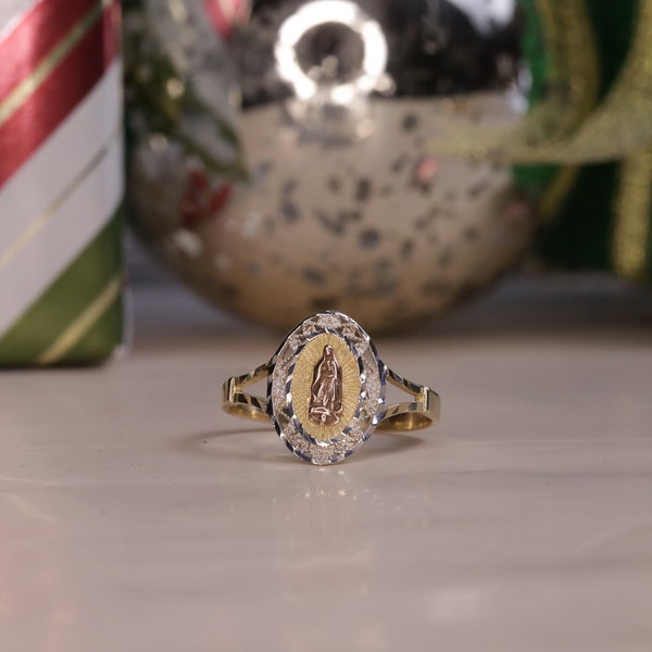 14k Yellow Gold Virgin Mary Simple Ring / 14k Gold Religious Ring / Minimalist Lady of Guadalupe / Christmas Gift / Heavue