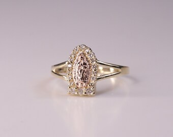 10k Gold Virgin Mary Two Rose Ring for Women / Gift / Religious Ring ...