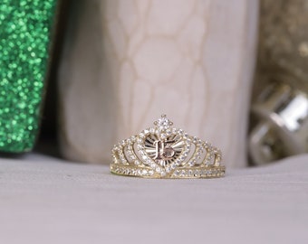 14K Solid Gold Quinceañera Heart CZ Ring  / 14K Real Gold 15 Años Ring / Quince Crown Ring / Daughter Gift / 15th Birthday Ring / Heavue