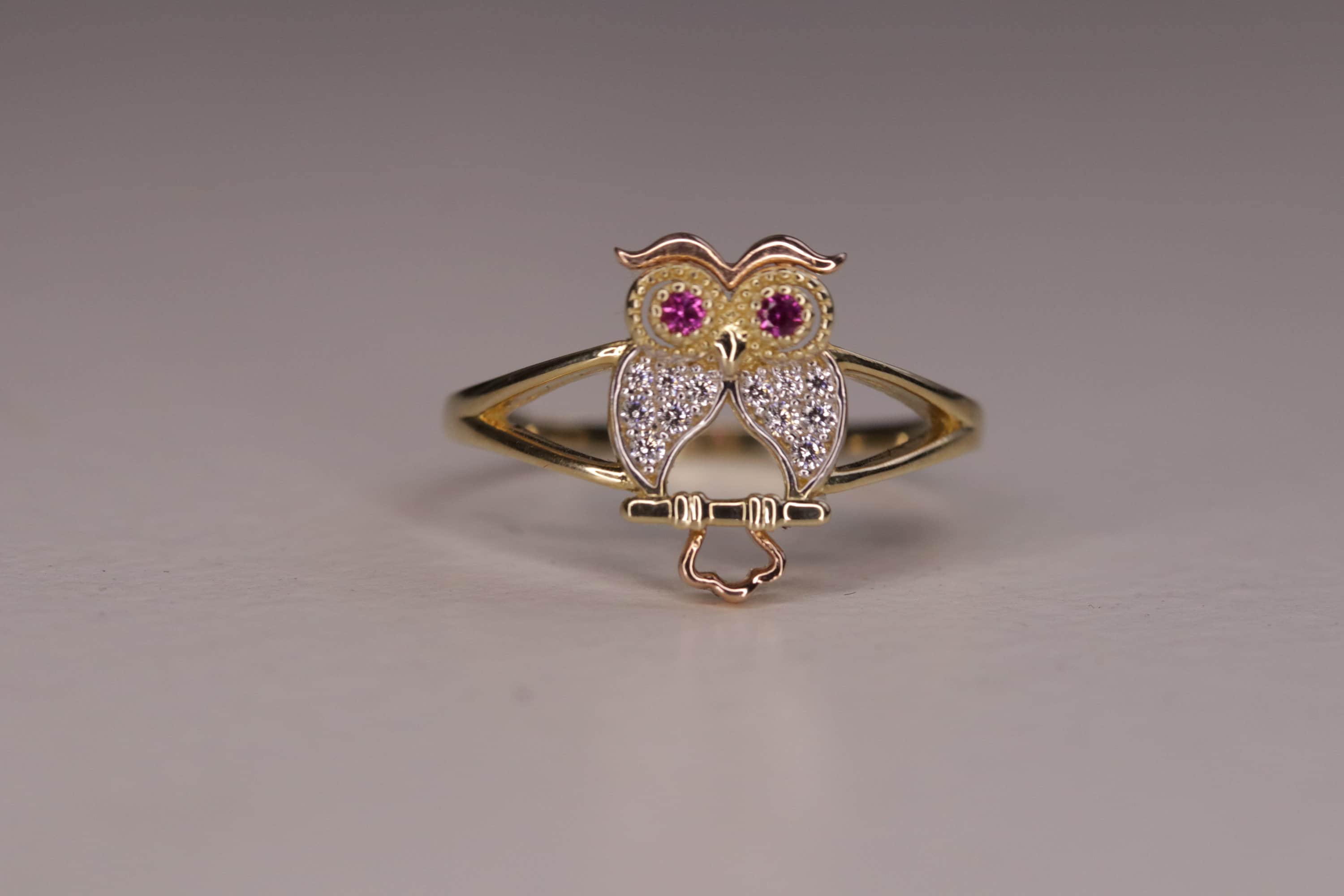 14K Gold Owl Red Eyes Ring / CZ Owl Ring / Gift / Gift for Her / Animal Ring / Cute Ring / Christmas