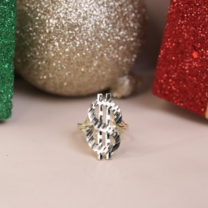 Anillo de oro amarillo de 10 quilates con signo de dólar y corte de diamante brillante. Regalo para mujer. Anillo pesado y económico. Anillo elegante. Anillo con signo de dinero. Regalo para él.