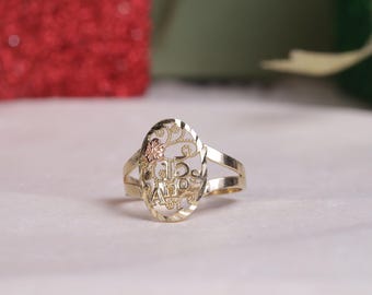 10K Gold Quinceañera 15 Rose Ring  / 10K Real Gold 15 Años Ring / Birtday Ring / Daughter Gift / 15th Birthday Ring / Heavue