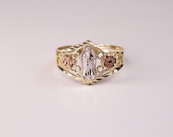 10k Gold Virgin Mary Two Rose Ring for Women / Gift / Religious Ring / Blessed Mother Ring / Mother Mary / Heavue / Pray For Us