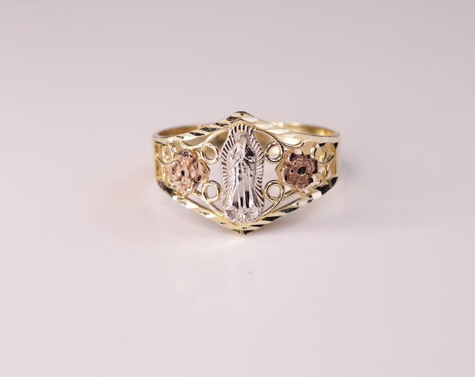 10k Gold Virgin Mary Two Rose Ring for Women / Gift / Religious Ring ...