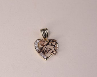 14K Gold Quinceañera Heart Flower Rose CZ Pendant / CZ 15 Años Charm / Quince Heart Pendant / Daughter Gift / 15th Birthday Pendant / Heavue