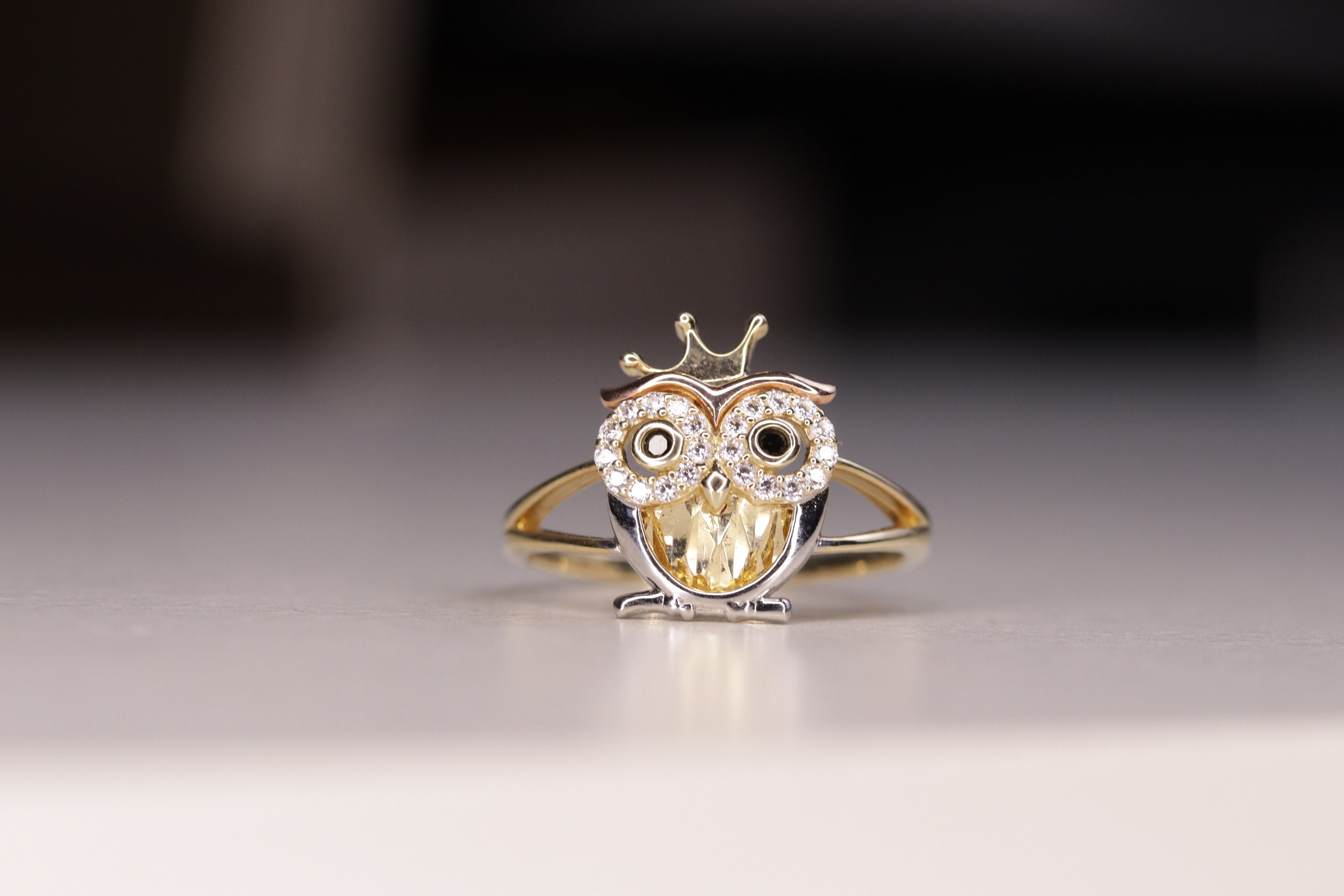 14K Real Gold Owl King Black Eyes Ring / CZ Owl King Ring / Gift / Gift for Her