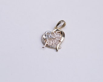 14K Gold CZ 15 Años Quinceañera Heart Pendant/ CZ Stones for Sweet 15th Birthday Gift / Birthday Gift / 15 Anos Quinceanera Charm