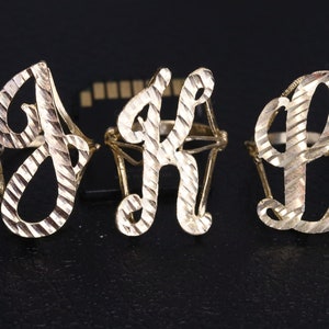 10K Yellow Gold Cursive Initial Letter Ring / Alphabet Diamond Cut Ring /
