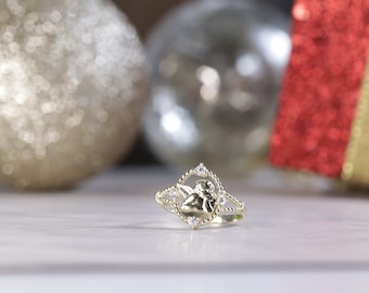 10k Yellow Gold CZ Cute Cupid Ring for Women / Religious Ring / Blessed Ring / Heavue / Christmas Gift / Angel Ring / Mother's Day Git