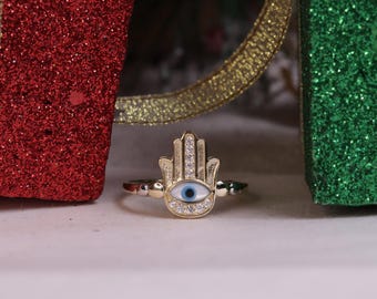 14K Gold CZ Hand Eye Ring  / Trendy Men's Ring / Trendy Women's Ring / Real Gold Rings / Heavue / Heavue Special Ring / Lucky Ring