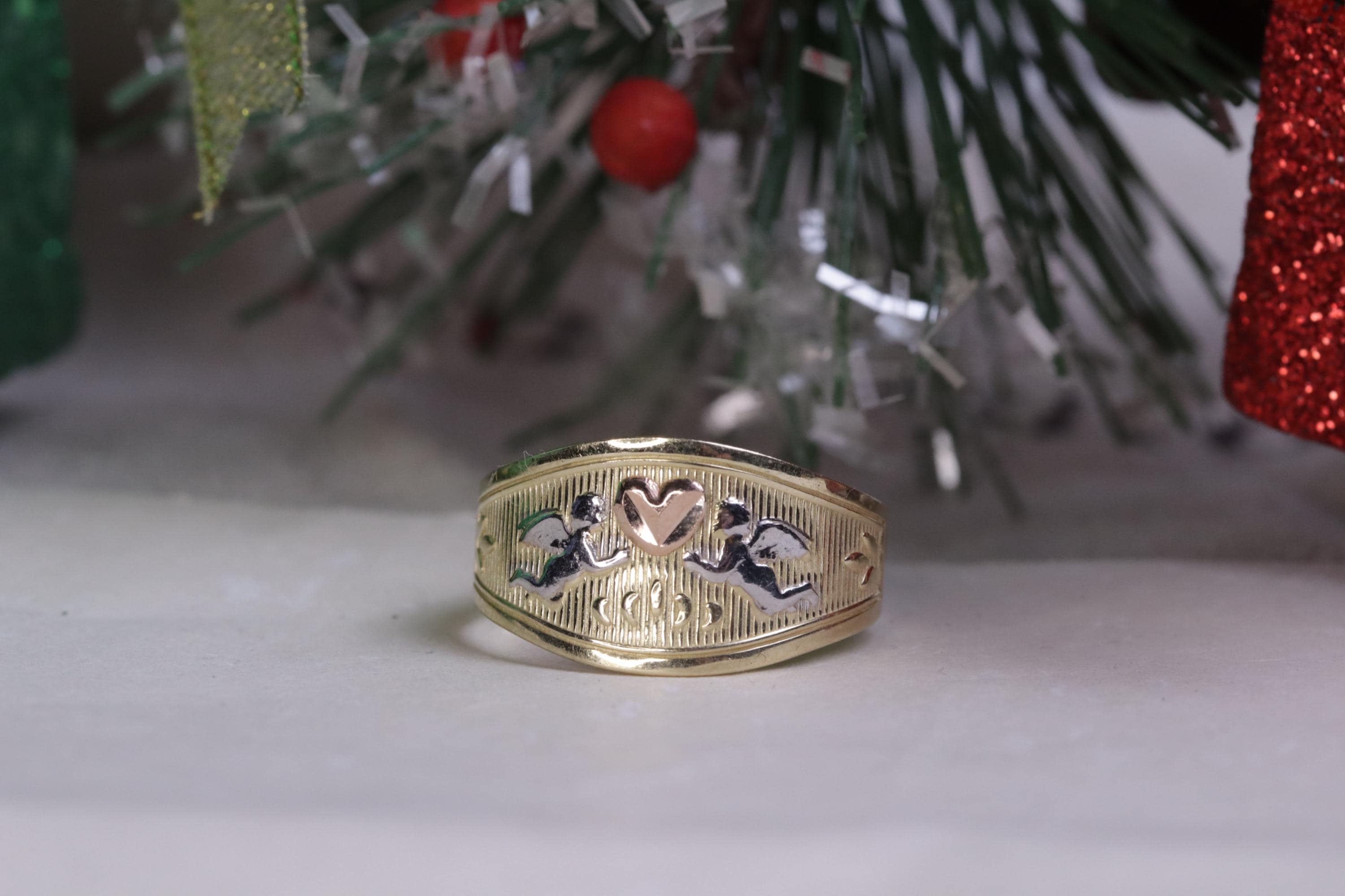 10k Real Gold Two Cupid Angel Heart Love Ring / Religious Ring ...