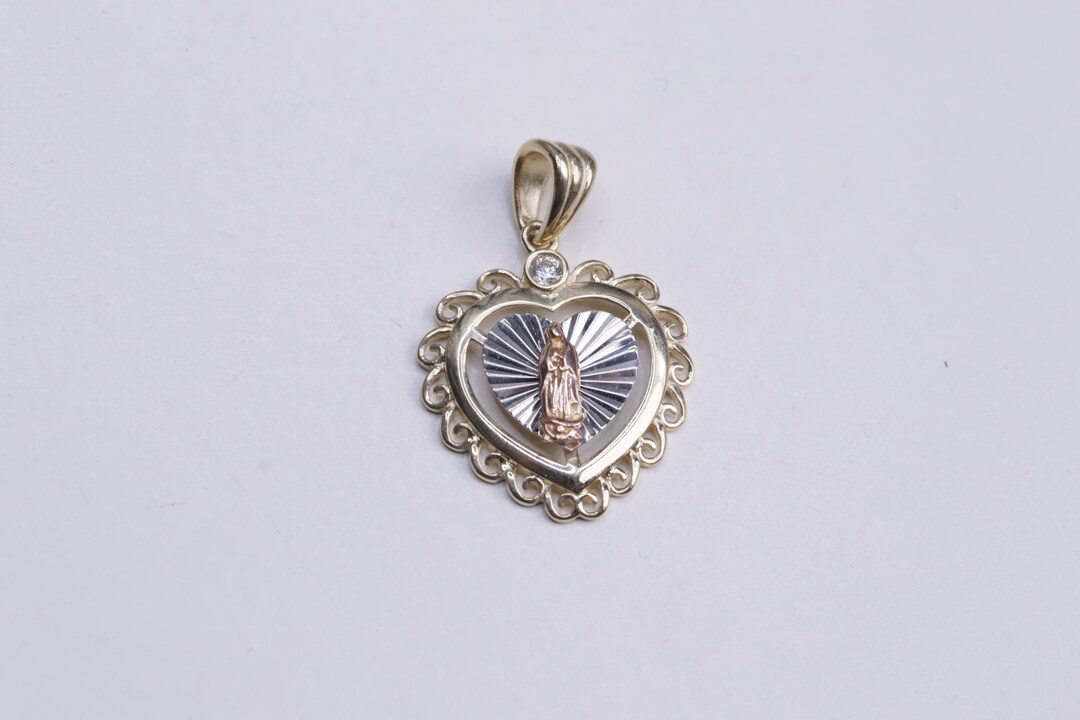 14K Gold Heart CZ Virgin Mary Pendant / 14K Solid Gold Virgin Mary ...