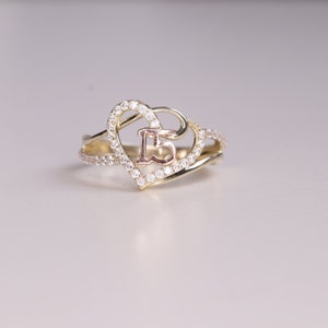 14K Solid Gold Quinceañera Heart CZ Ring  / 14K Real Gold 15 Años Ring / Quince Crown Ring / Daughter Gift / 15th Birthday Ring