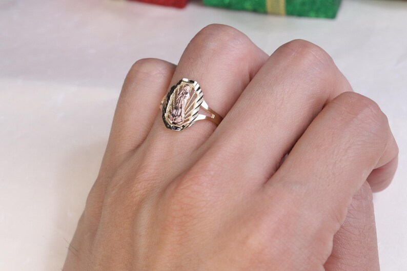 10k Yellow Gold Diamond Cut Classic Virgin Mary Ring for Women / Gift ...