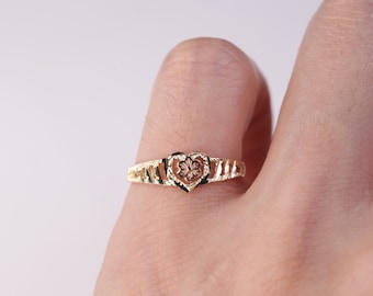 Anillo de oro de 14 quilates con forma de corazón y flor, elegante anillo para mujer.