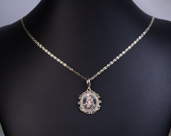 14K Gold Virgin Mary Pendant / 14K Solid Gold CZ Virgin Mary Circles Necklace Charm / Religious Pendant Charm / Heavue