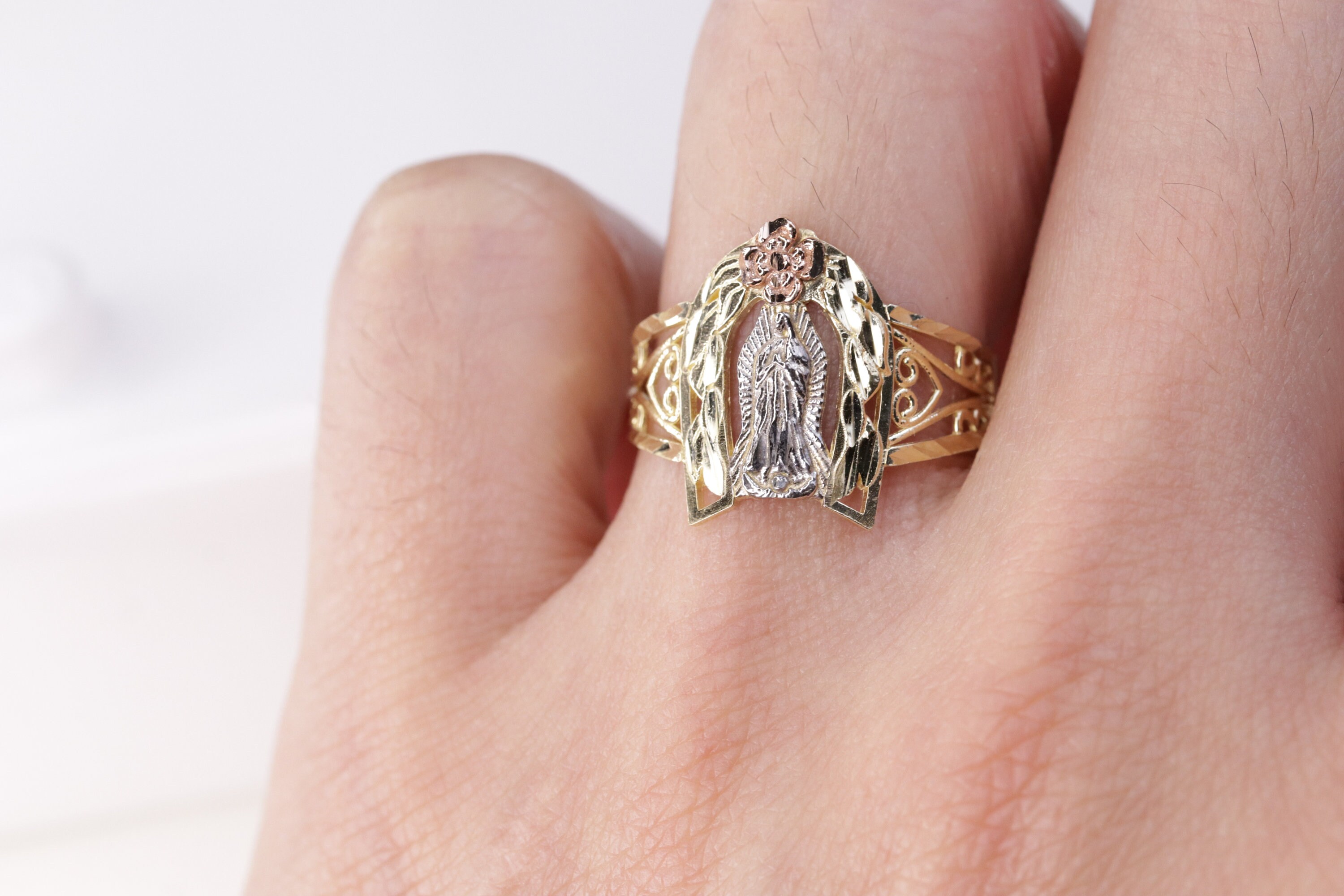 10k Gold Virgin Mary Ring With Rose Accent - Etsy