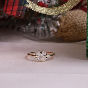 14k Real Gold Luck Clover Onyx Ring / 14k CZ Clover Ring / Four Leaf Clover Ring / Minimalist Ring / Gift For Her