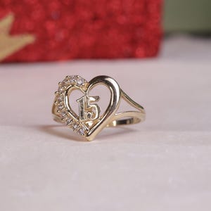 14K Gold Quinceañera Heart CZ Ring  / 14K Real Gold 15 Años Ring / Daughter Gift / 15th Birthday Ring / Heavue / Quinceanera Ring