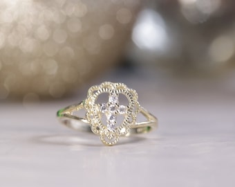 10k Yellow Gold CZ Cross Ring - Religious Gift