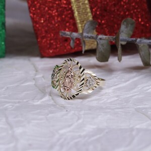 10k Yellow Gold Diamond Cut Rose Virgin Mary Ring for Women / Gift ...