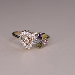 14K Solid Gold Quinceañera Heart Ring  / 14K Real Gold 15 Años Color Stone Ring / Quince Ring / Daughter Gift / 15th Birthday Ring / Heavue