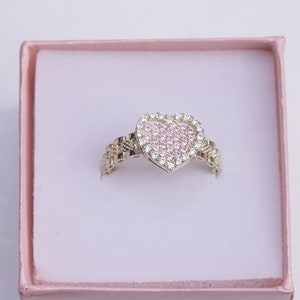 10K Gold 12mm Heart Ring / 10K Gold Pink White CZ Heart Ring / Gift
