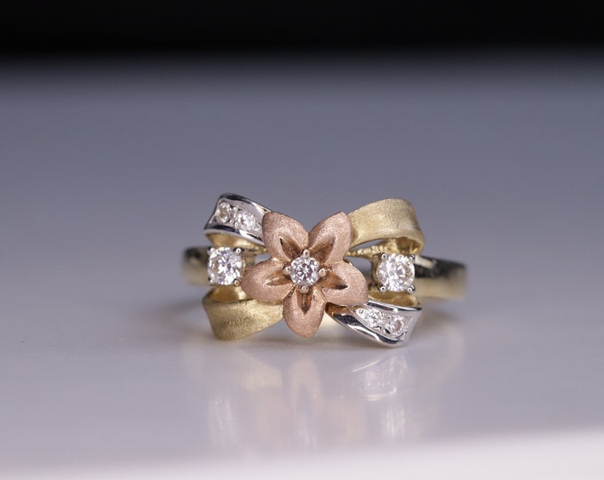 14K Gold Rose Flower Ribbon Style CZ Ring / Stackable Ring / Dainty ...