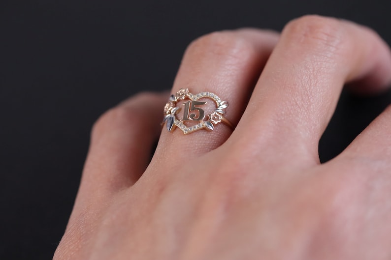 14K Solid Gold Quinceañera Heart Flower Ring / 14K Real Gold Etsy