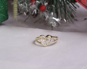 10k Solid Gold Blessing Cross Heart Ring / 10k Gold Crucifix Cross / Ring Religious Gift / Confirmation Gift / Heavue / Christian Ring
