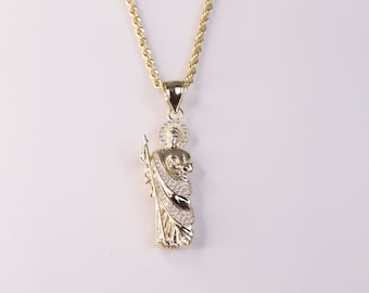 10k & 14k Solid Gold Saint Jude San Judas Green CZ Charm Pendant Chain ...