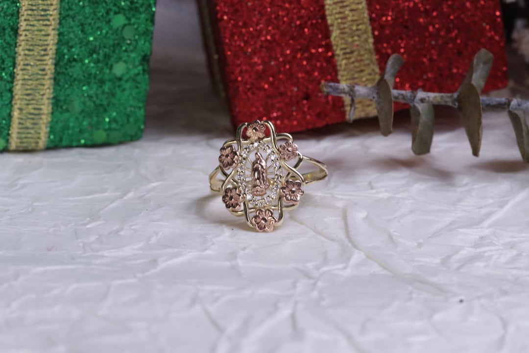 10k Yellow Gold Virgin Mary Rose CZ Ring for Women / Gift / Religious ...
