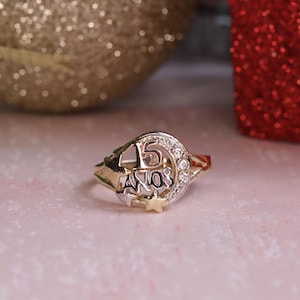 10K Gold Quinceañera Star Band Ring  / 10K Real Gold 15 Años Ring / Quince Crown Ring / Daughter Gift / 15th Birthday Ring / Heavue