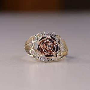 14k Pink Rose CZ Ring / 14k Vintage Flower Ring / Minimalist Gold Ring / Dainty Floral Ring / Gift For Her