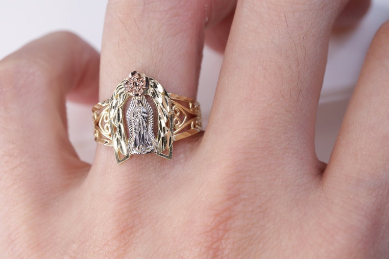 10k Gold Virgin Mary Ring With Rose Accent - Etsy