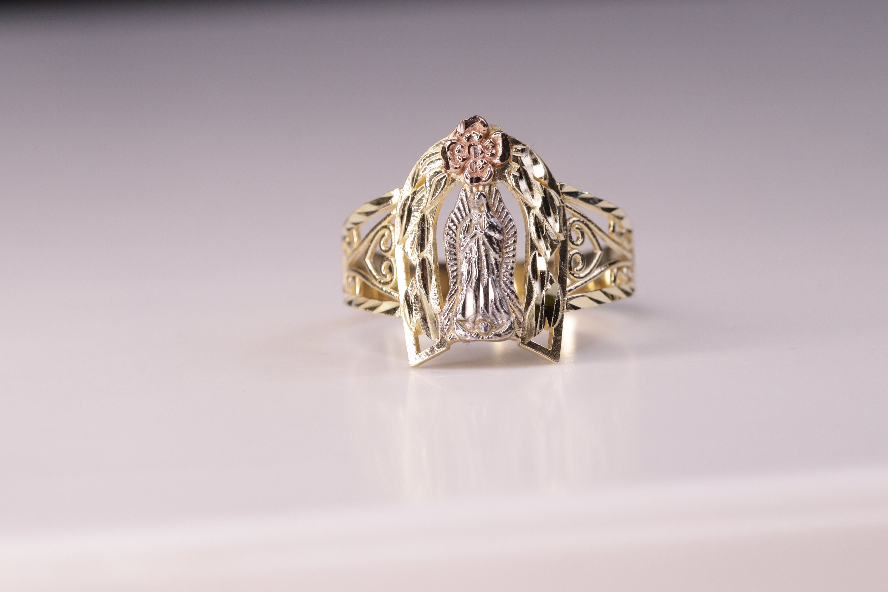 10k Gold Virgin Mary Ring With Rose Accent - Etsy