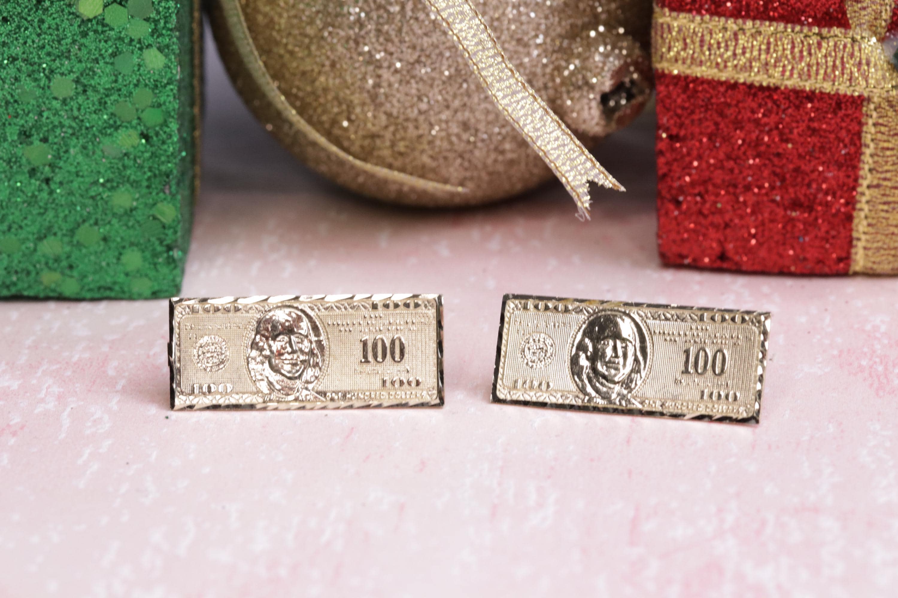 10k Gold Diamond Cut One Hundred Dollar Bill Earrings Men