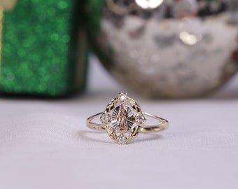 Anillo de oro de 14 quilates con la Virgen María y circonita cúbica, regalo religioso